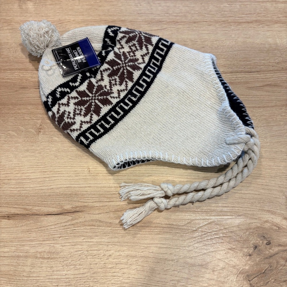 Peruvian Knit Earflap Hat Fleece Lined Fair Isle Pom Pom Beanie Cream Brown OSFM